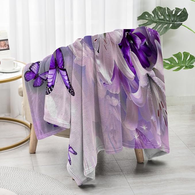 Purple Butterfly Flower Throw Blanekts Butterfly Blankets Soft Lightweight Cozy for Bed Couch Sofa Birthday Gifts Women Gifts for Her Anniversary Valentines Mothers Day Flower Gifts 70"x80"