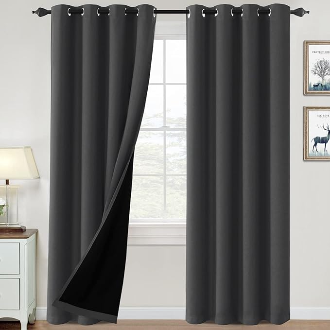H.VERSAILTEX 100% Blackout Curtains for Bedroom Thermal Insulated Blackout Curtains 96 inch Length Full Light Blocking Curtains for Living Room with Black Liner 2 Panels Set, Charcoal Gray
