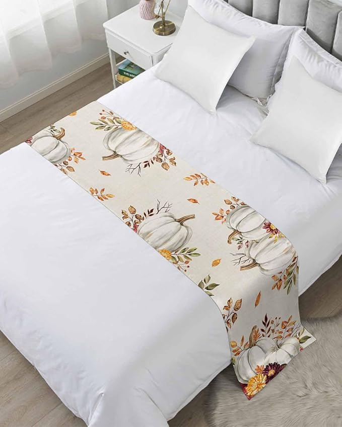 Thanksgiving Pumpkin Fall Maple Leaf Watercolor Bed Runners for Bedroom Hotel,Decorative Bedding Scarf Retro Linen Bed End Blanket Bedding Runner Scarves for California King Size Beds,102x20in