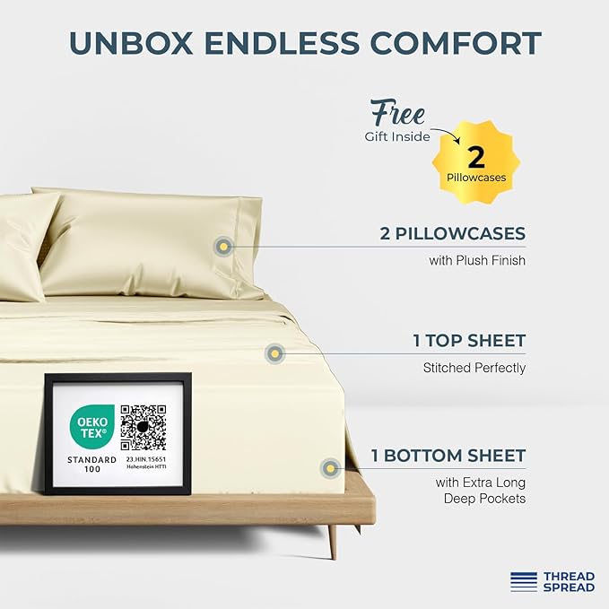 THREAD SPREAD 100% Egyptian Cotton King Size Sheets Set - Luxury 1500 Thread Count Egyptian Cotton Sheets King Size, 17" Deep Pocket, Soft, Cooling Sateen Weave Hotel Quality Bedding Set - Ivory