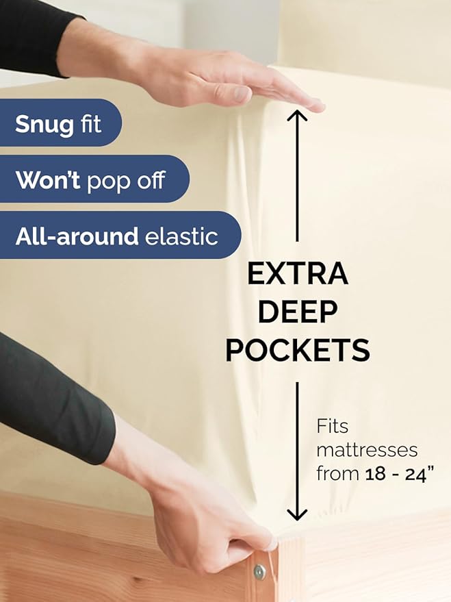 Extra Deep Cal King Fitted Sheet - Hotel Luxury Single Fitted Sheet Only - Easily Fits 18 inch to 24 inch Mattress - Ultra Soft, Wrinkle Free with Extra Deep Pockets - Breathable & Comfy - Off White