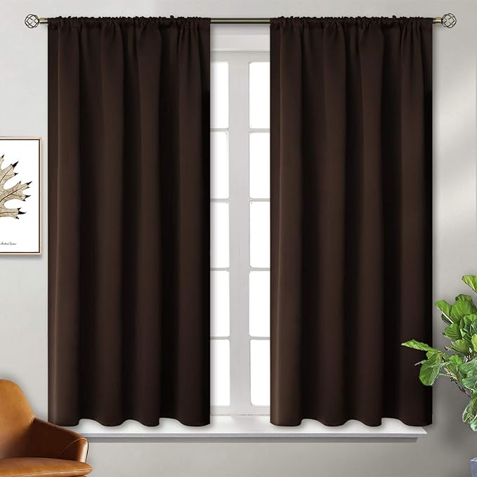 BGment Brown Blackout Curtains 48 Inches Long for Bedroom - Chocolate Short Thermal Insulated Drapes with Rod Pocket Room Darkening Privacy for Living Room Kitchen Bathroom, 42 x 48 Inch, 2 Panels