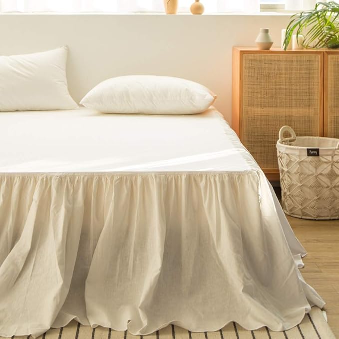 Simple&Opulence Belgian Linen Bed Skirt with Classic 14 inch Tailored Drop Dust Ruffle, Easy Fit Breathable Premium Natural Flax- Pleated White, Twin