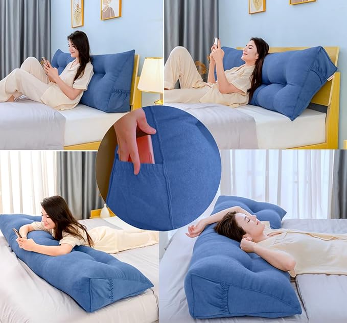 Triangular Reading Bed Rest Pillow Large Bolster Cushion Headboard Backrest Wedge Pillow with Removable Cover and Two Large Side Pockets (Brown, Queen: 59 x 8 x 20 inches)
