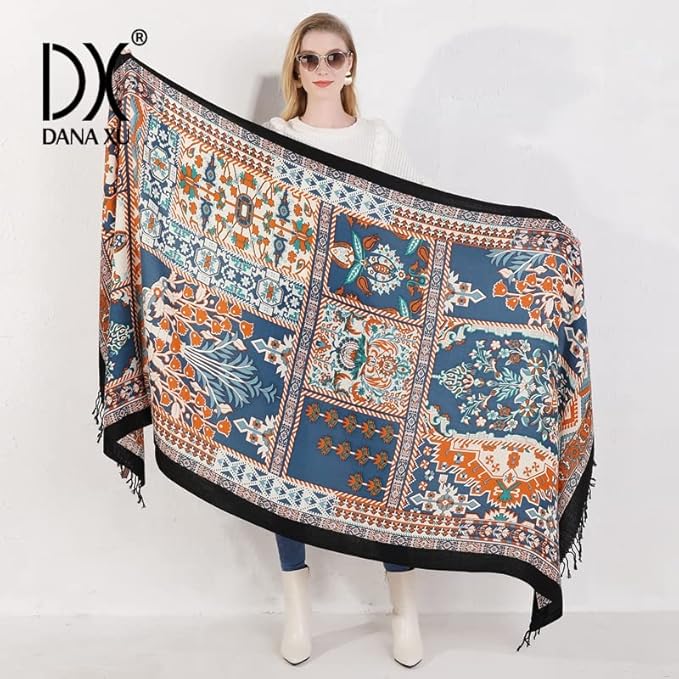 DANA XU 100% Merino Wool Pashmina Shawl for Women 96"x43", Oversized Cashmere Wrap with Tassels, Floral Travel Blanket Cape