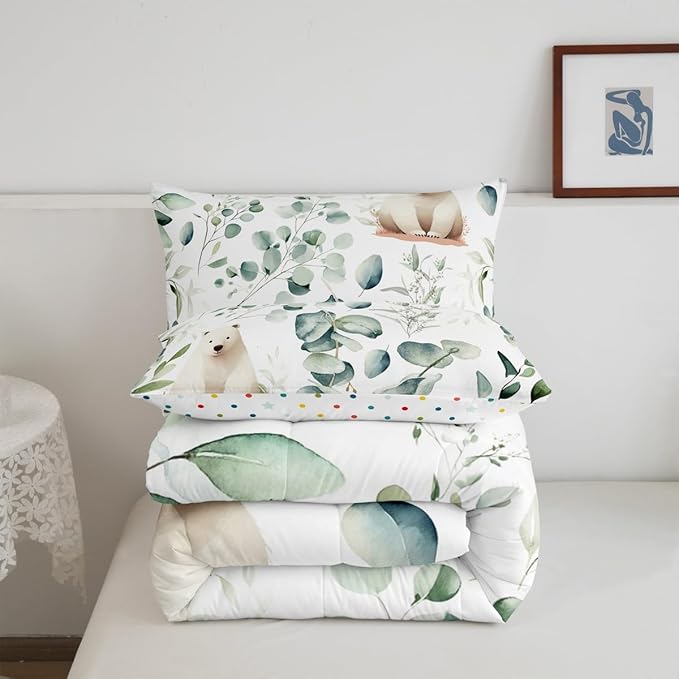Erosebridal Boys Cartoon Animal Queen Comforter Set for Kids Toddler Kawaii Polar Bear Bedding Set Queen, Arctic Wildlife Bedding Comforter Sets White Green Duvet Set, Eucalyptus Quilted Comforter