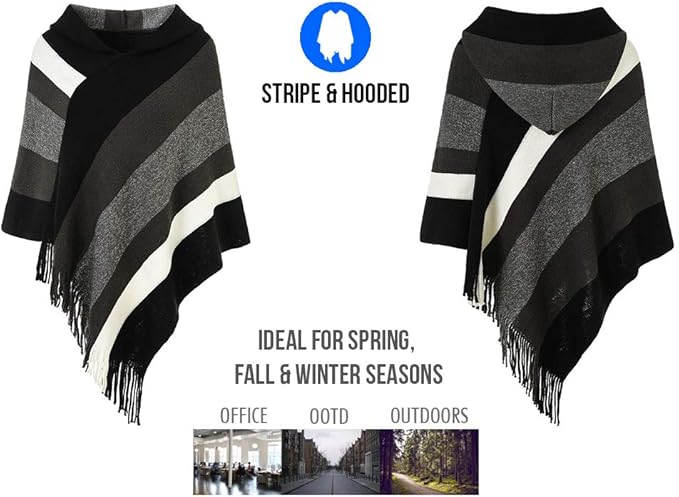 Ferand Women's Striped Poncho Sweater Cozy Knit Fringe Shawl Wraps for Fall Winter