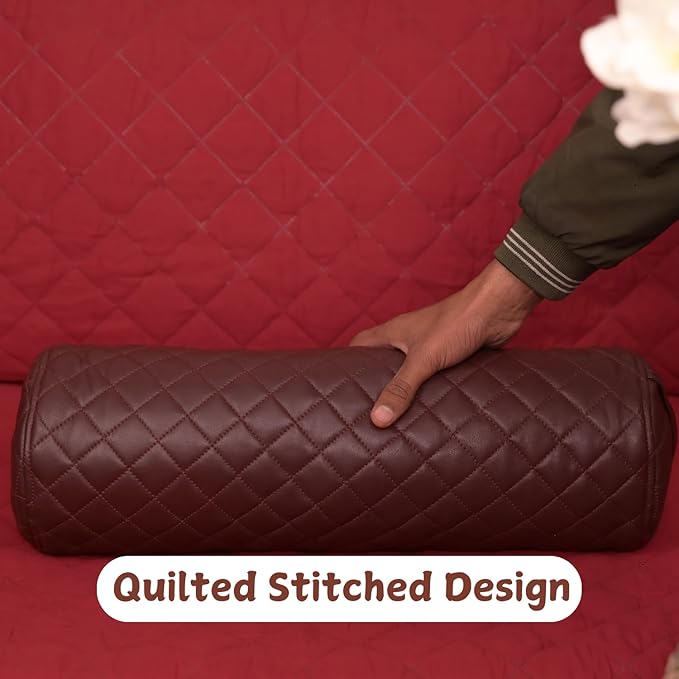 Neck Roll Pillow Cushion Cover, 24x6 Inch Full Moon Round Bolster Pillow Case, Cylinder Soft Lambskin Leather Pillowcase for Head, Spine & Neck Support During Sleep - Quilted Dark Brown Pack of 1