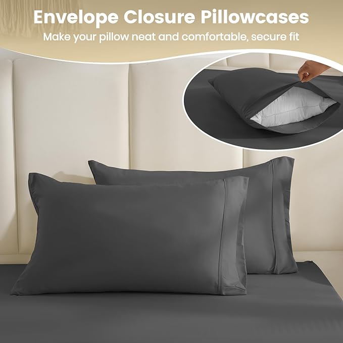 Twin XL Sheet Set -Hotel Luxury 4 Piece Silky Soft Breathable Cooling Twin Size Sheet Sets,Fits 16" Deep Pocket Mattress, Easy Care Wrinkle Free Bedding Sheet and Pillowcase Bed Sheet Set, Dark Gray