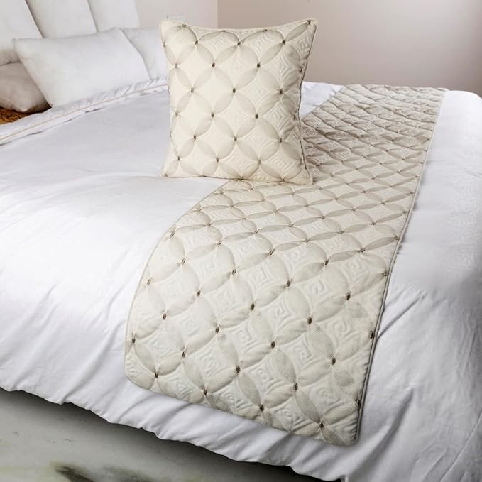 The HomeCentric King Queen Twin Ivory Bed Runner with 2 Decorative Throw Pillow Cover, Linen Quilted & Embroidery, Modern Contemporary - Tender Love