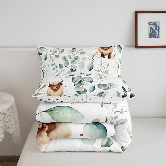 Erosebridal Boys Cartoon Animal Bedding Toddler Size for Kids Kawaii Cow Comforter Set, Highland Cattle Bull Duvet Insert Western Cowboy Quilt Comforter, Green Eucalyptus Bedding Comforters & Sets