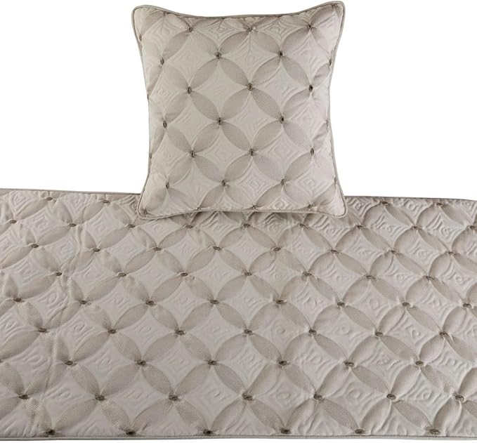 The HomeCentric King Queen Twin Ivory Bed Runner with Decorative Throw Pillow Cover, Linen Quilted & Embroidery, Modern Contemporary - Tender Love