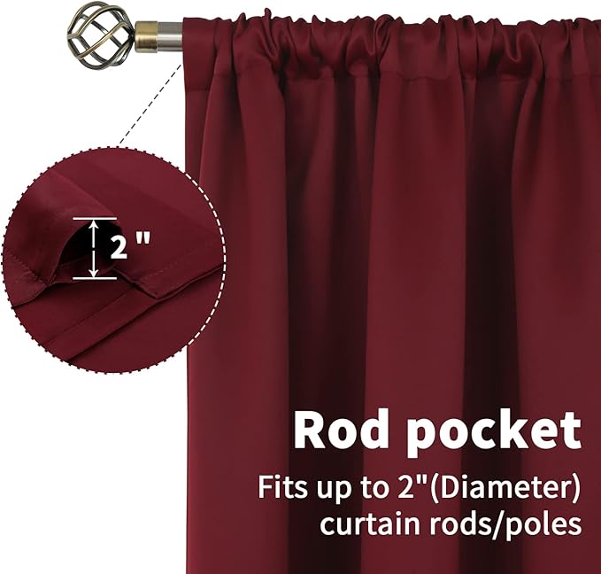 BGment Burgundy Blackout Curtains 63 Inch Length for Bedroom - Rod Pocket Thermal Insulated Drapes Room Darkening Christmas Decor for Living Room Windows, 42 x 63 Inch, 2 Panels