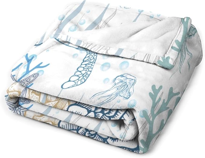Nautical Turtle Throw Blanket, Coastal Sea Ocean Theme Coral Starfish Seashell Jellyfish Undersea Life Fleece Blanket for Summer Home Bed Sofa Couch Chair, 40"x50"