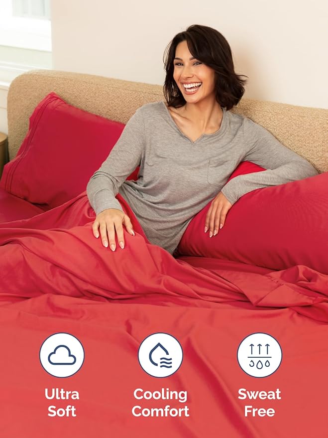 Extra Deep Queen Fitted Sheet - Hotel Luxury Single Fitted Sheet Only - Easily Fits 18 inch to 24 inch Mattress - Ultra Soft, Wrinkle Free w/Extra Deep Pockets - Easy-Care, Breathable & Comfy - Red