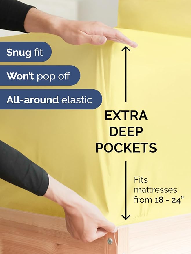 Extra Deep Twin XL Fitted Sheet - Hotel Luxury Single Fitted Sheet Only - Easily Fits 18 inch to 24 inch Mattress - Ultra Soft, Wrinkle & Fade Free w/Extra Deep Pockets - Breathable & Comfy - Yellow