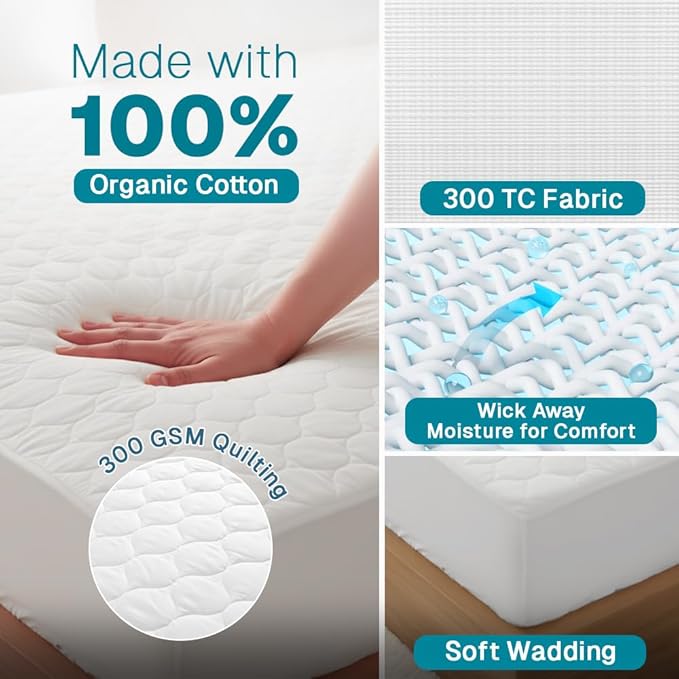 FABDREAMS Organic Quilted Mattress Protector Cal King Size | Mattress Pad| Mattress Cover| Naturally Breathable | Noiseless| Fits up to 17" Deep Pockets| Temperature Regulating | White
