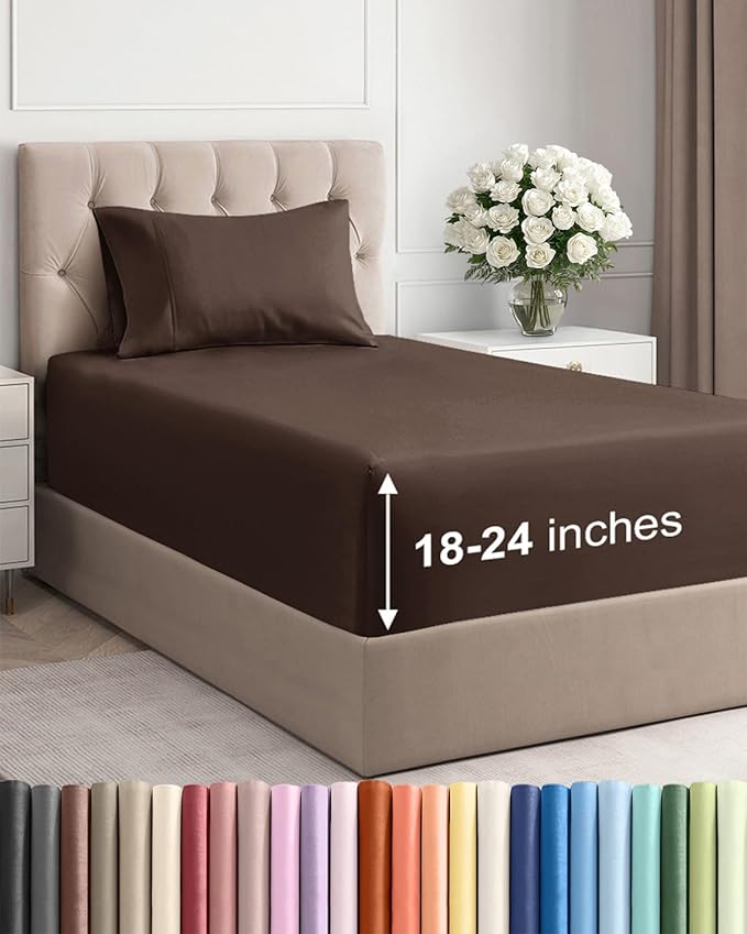 Extra Deep Pocket Twin Sheets - 3 Piece Breathable & Cooling Bed Sheets - Hotel Luxury Bed Sheet Set - Soft, Wrinkle Free & Comfy - Easily Fits Extra Deep Mattresses - Deep Pocket Brown Sheets Set