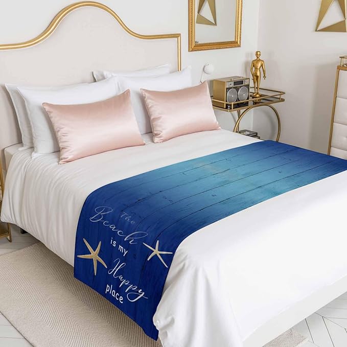 Happy Beach Place Marine Starfish Bed Runners for Bedroom Hotel,Decorative Bedding Scarf Gradient Blue Wood Grain Bed End Blanket Bedding Runner Scarves for Full Size Bed,83x20in