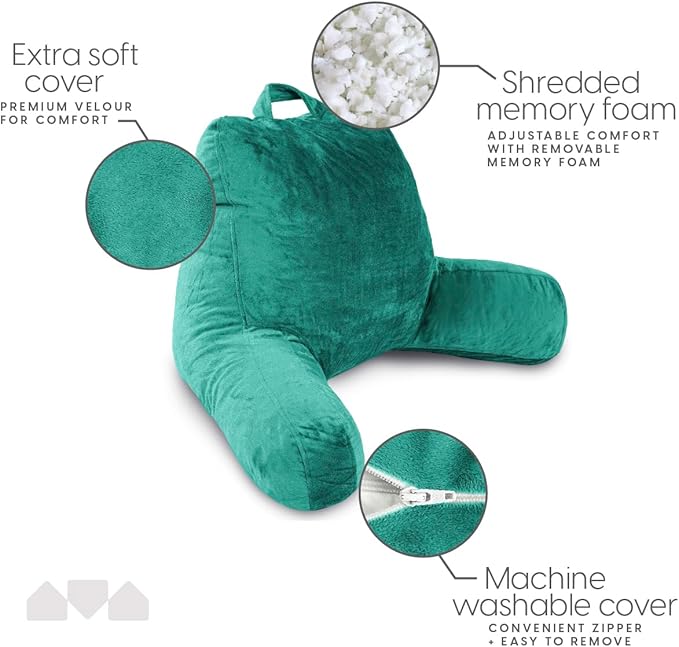 Milliard Reading Pillow with Arms, Teal, Shredded Memory Foam Back Pillow for Bed Sitting Up - Sit Up Backrest Support for Reading & Rest Bed - Washable Cover, Adjustable Comfort, CertiPUR Certified