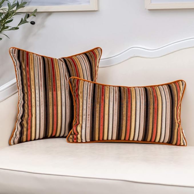 Yangest Orange Striped Throw Pillow Cover Multicolor Velvet Cushion Cover Modern Bohemian Pillowcase for Sofa Couch Bedroom Living Room Home Christmas Decoration,20x20 Inch