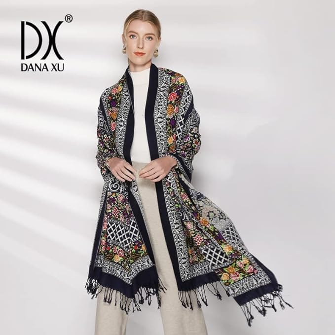 DANA XU 100% Merino Wool Pashmina Shawl for Women 96"x43", Oversized Cashmere Wrap with Tassels, Floral Travel Blanket Cape