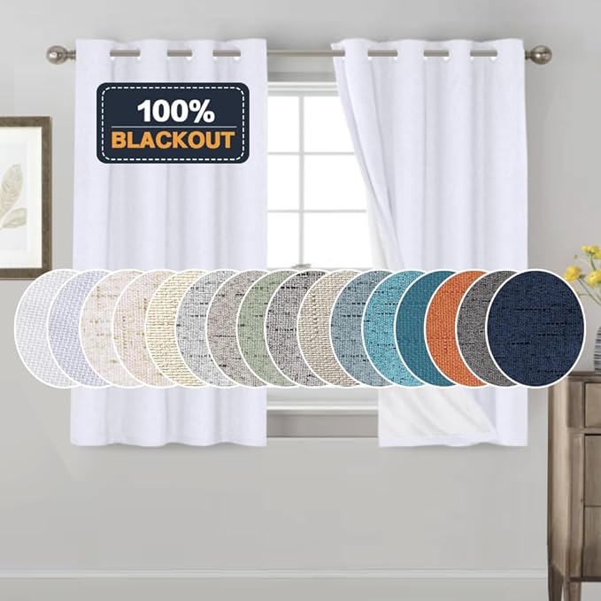 PrinceDeco White 100% Blackout Curtains 54" Long Blackout Curtains for Bedroom Linen Texture Solid Thermal Insulated with White Liner Luxury Decor for Nursery 52x54 Inch (2 Panels)