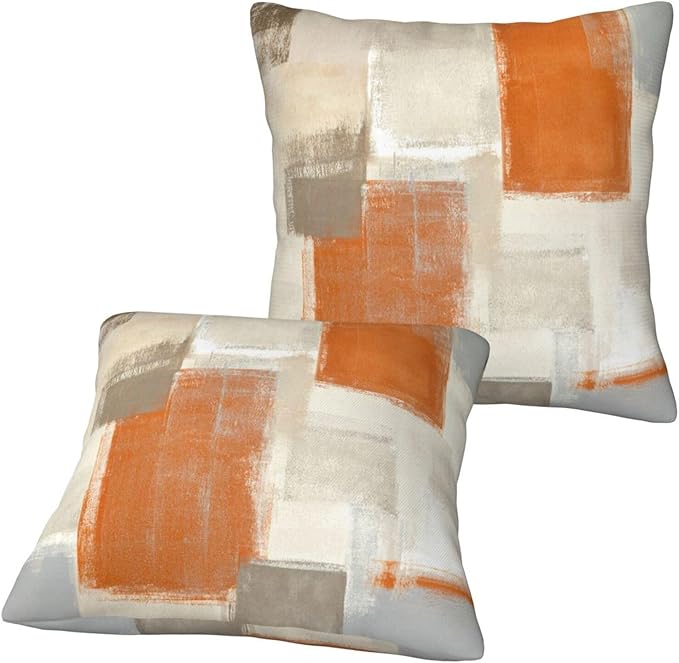 bassyil Orange Grey Abstract Art Painting Throw Pillow Covers Decorative Linen Pillow Cases Set of 2 Square Cushion Cover for Couch Sofa Bedroom Patio 18x18 Inch