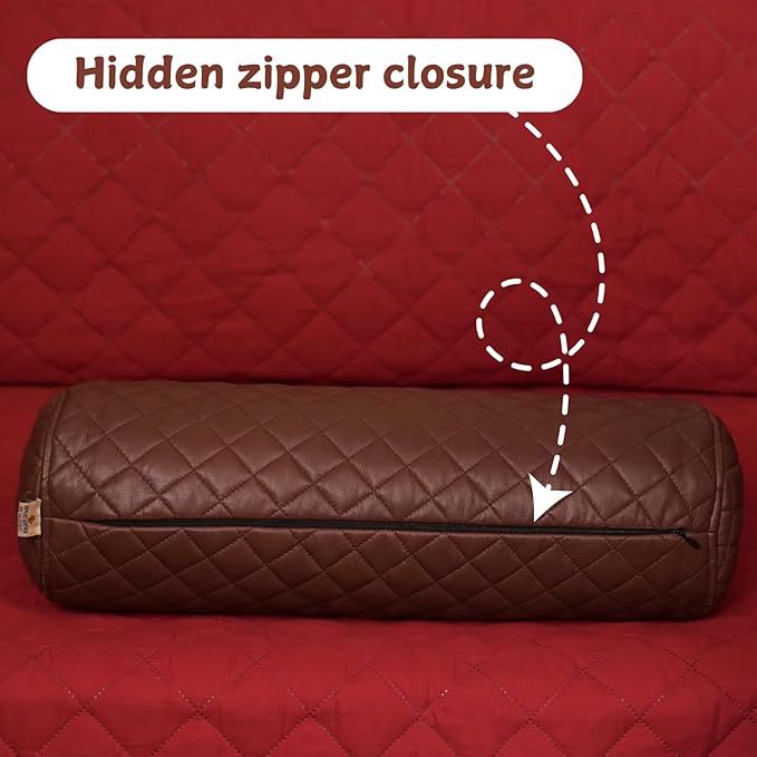Neck Roll Pillow Cushion Cover, 20x7 Inch Full Moon Round Bolster Pillow Case, Cylinder Soft Lambskin Leather Pillowcase for Head, Spine & Neck Support During Sleep - Quilted Chocolate Brown Pack of 1