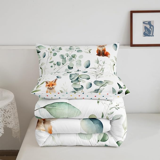 Erosebridal Girls Cartoon Animal Bedding King Size for Kids Toddler Kawaii Fox Comforter Set King, Woodland Wildlife Duvet Insert Jungle Wild Fox Quilt Set, Green Eucalyptus Bedding Comforters & Sets