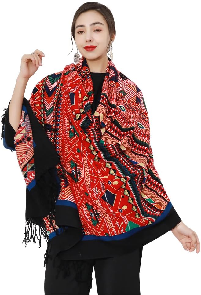 DANA XU 100% Merino Wool Pashmina Shawl for Women 96"x43", Oversized Cashmere Wrap with Tassels, Floral Travel Blanket Cape