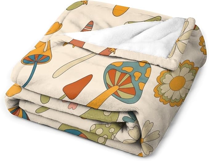 70s Mushroom Throw Blanket, Retro 60s Groovy Mushroom Boho Hippie Flowers Print Blanket for Kids Baby Bedroom Sofa Holiday Decor 40"x50"