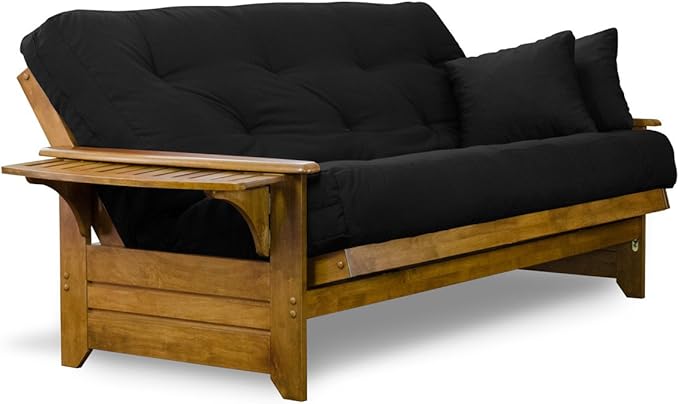 Nirvana Futons Brentwood Tray Arm Futon Sofabed Set - Queen Frame, 8" Thick Black Mattress, Rich Heritage Finish