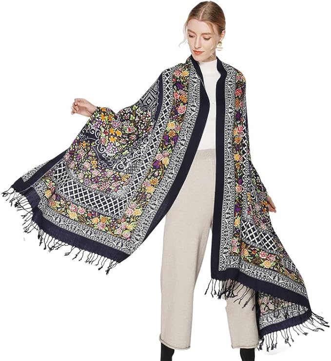 DANA XU 100% Merino Wool Pashmina Shawl for Women 96"x43", Oversized Cashmere Wrap with Tassels, Floral Travel Blanket Cape
