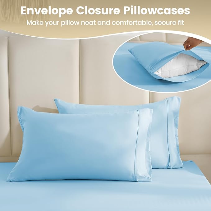 Breathable Cooling Full Sheet Set - Hotel Luxury 4 Piece Deep Pocket Sheets for Full Size Bed, Fits 16" Mattress, Easy Care Wrinkle Free Bedding Sheet and Pillowcase Set, Sky Blue