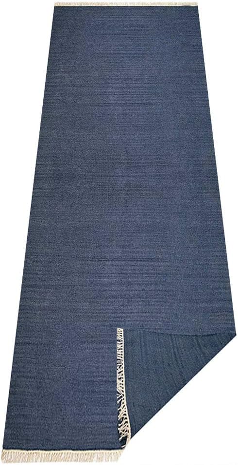 Rugsotic Carpets Hand Woven Flat Weave Kilim Wool ECO-Friendly Area Rugs - 2'6"x8', Runner Shape, Blue Color, Solid Plain Design, Low Pile Handmade Area Rugs for Living Room, Bed Room (D00111)