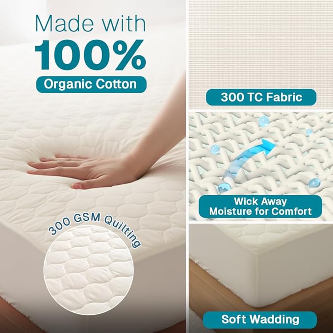 FABDREAMS Organic Quilted Mattress Protector King Size | Mattress Pad | Mattress Cover| Naturally Breathable | Noiseless| Fits up to 17" Deep Pockets| Temperature Regulating | Ivory