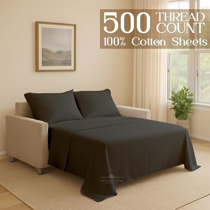 Sleeper Sofa 4 Piece Bed Sheet Set Premium Quality 100% Cotton 500 Thread Count, Smooth & Super Soft Sateen Weave, Extra Soft Bed Sheets, Wrinkle Free, 8 Inch Deep Pocket (Queen, Dark Grey)