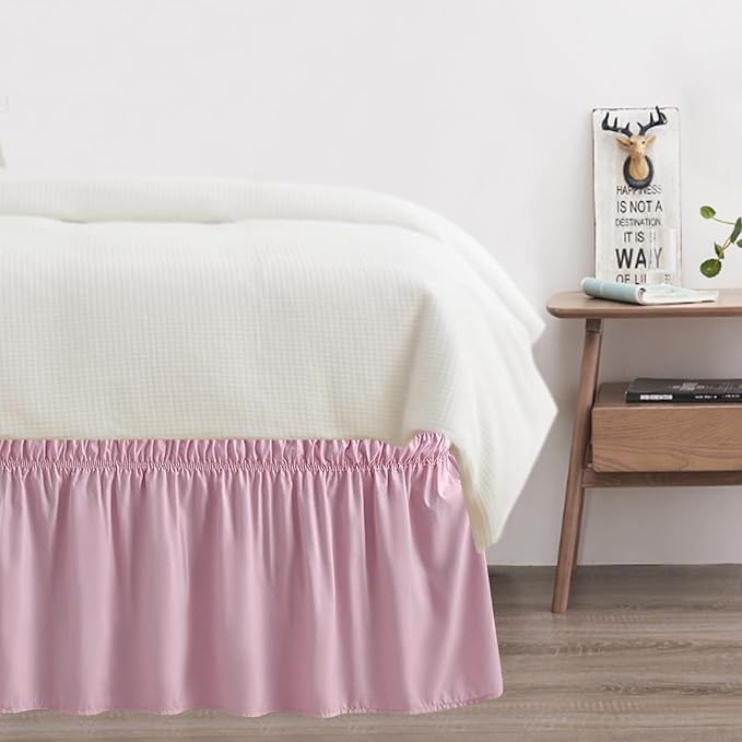 Twin Bed Skirt, Elastic Wrap Around Bed Skirt Twin Size, Bed Skirts for Adjustable Bed, Easy Fit with 18" Drop Length Tailored Drop Dust Ruffle (Pink)