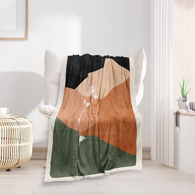 Boho Orange Mid Century Blankets Abstract Modern Throw Blanket Minimalist Sun Aesthetic Soft Warm Bed Bedding Women Blankets for Couch Bedroom Sofa Office Cozy Flannel Blankets 70"X80"