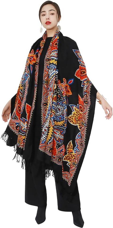 DANA XU 100% Merino Wool Pashmina Shawl for Women 96"x43", Oversized Cashmere Wrap with Tassels, Floral Travel Blanket Cape