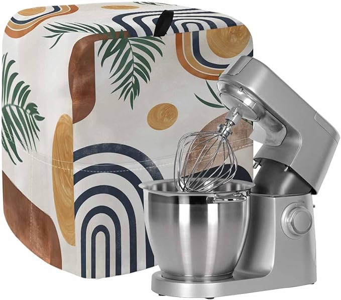 Farmhouse Boho Stand Mixer Dust Cover with Storage Pocket & Handles, Fits All Tilt Head & Bowl Lift Vintage Abstract Kitchen Appliance Cover Organizer Geometric Leaves Bag Accessories, 6-8 Quart