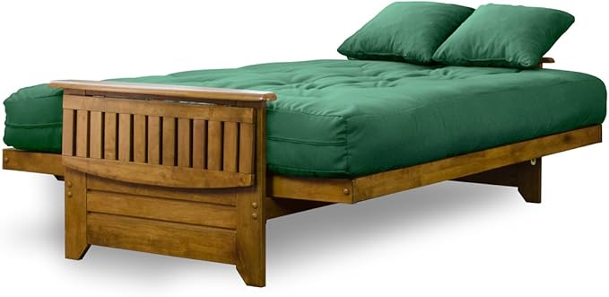 Nirvana Futons Brentwood Tray Arm Futon Sofabed Set - Full Frame, 8" Hunter Green Mattress, Rich Heritage Finish