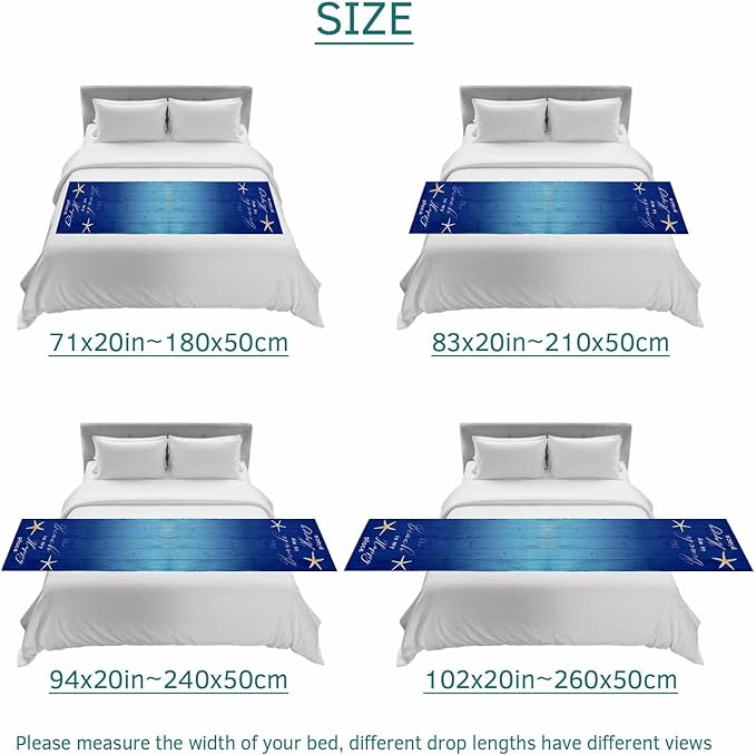 Happy Beach Place Marine Starfish Bed Runner for Bedroom Hotel, Decorative Bedding Scarf Gradient Blue Wood Grain End Blanket Runner for California King Size, 102x20in