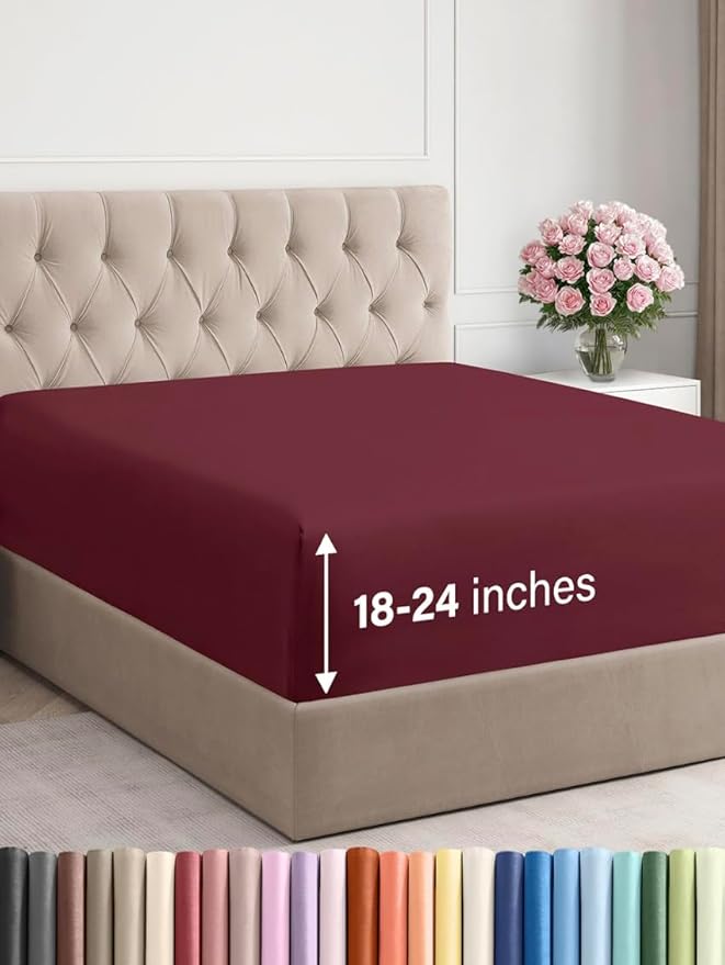 Extra Deep Cal King Fitted Sheet - Hotel Luxury Single Fitted Sheet Only - Easily Fits 18 inch to 24 inch Mattress - Ultra Soft, Wrinkle Free with Extra Deep Pockets - Breathable & Comfy - Burgundy