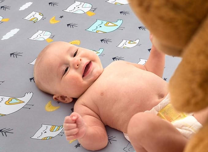 Pack n Play Sheets, BROLEX 2 Pack Mini Crib Sheets,Stretchy Portable Fitted Playard Sheet Set, Convertible Playard Mattress Cover,Ultra Soft Breathable Material,Owl & Bear