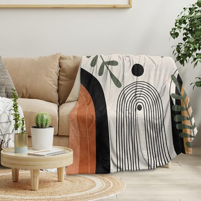Abstract Modern Throw Blanket Boho Minimalist Mid Century Sun Aesthetic Soft Warm Bed Bedding Women Blankets for Couch Bedroom Sofa Office Cozy Flannel Blanket Orange Beige Black,60"X80"