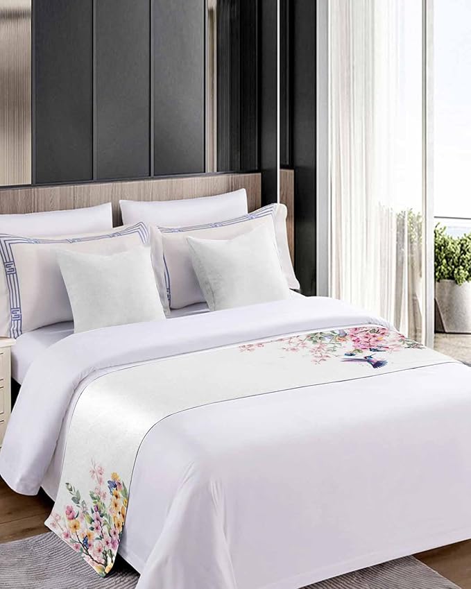 Blossom Floral Hummingbird Bed Runners for Bedroom Hotel,Decorative Bedding Scarf Butterfly Blossom Flower Plant Bed End Blanket Bedding Runner Scarves for King Size Bed,102x20in