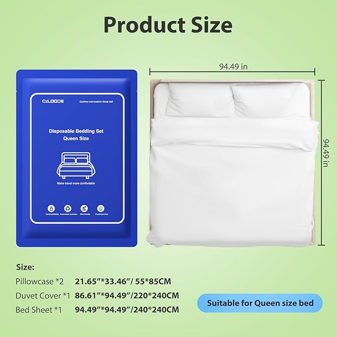 2 Pack Disposable Bed Sheet Queen Size, Disposable Sheet for Travel, Disposable Sheets with Quilt Cover and Pillowcase,Travel Sheet for Hotel Travel Essentials for Cruise,Camping,SPA