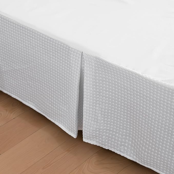 Twin Bed Skirt - 14 Inch Drop with Split Corners, Pleated Waffle Weave Bed Skirt, Tailored Dust Easy Fit, Machine Washable (White, Twin - 14" Drop)